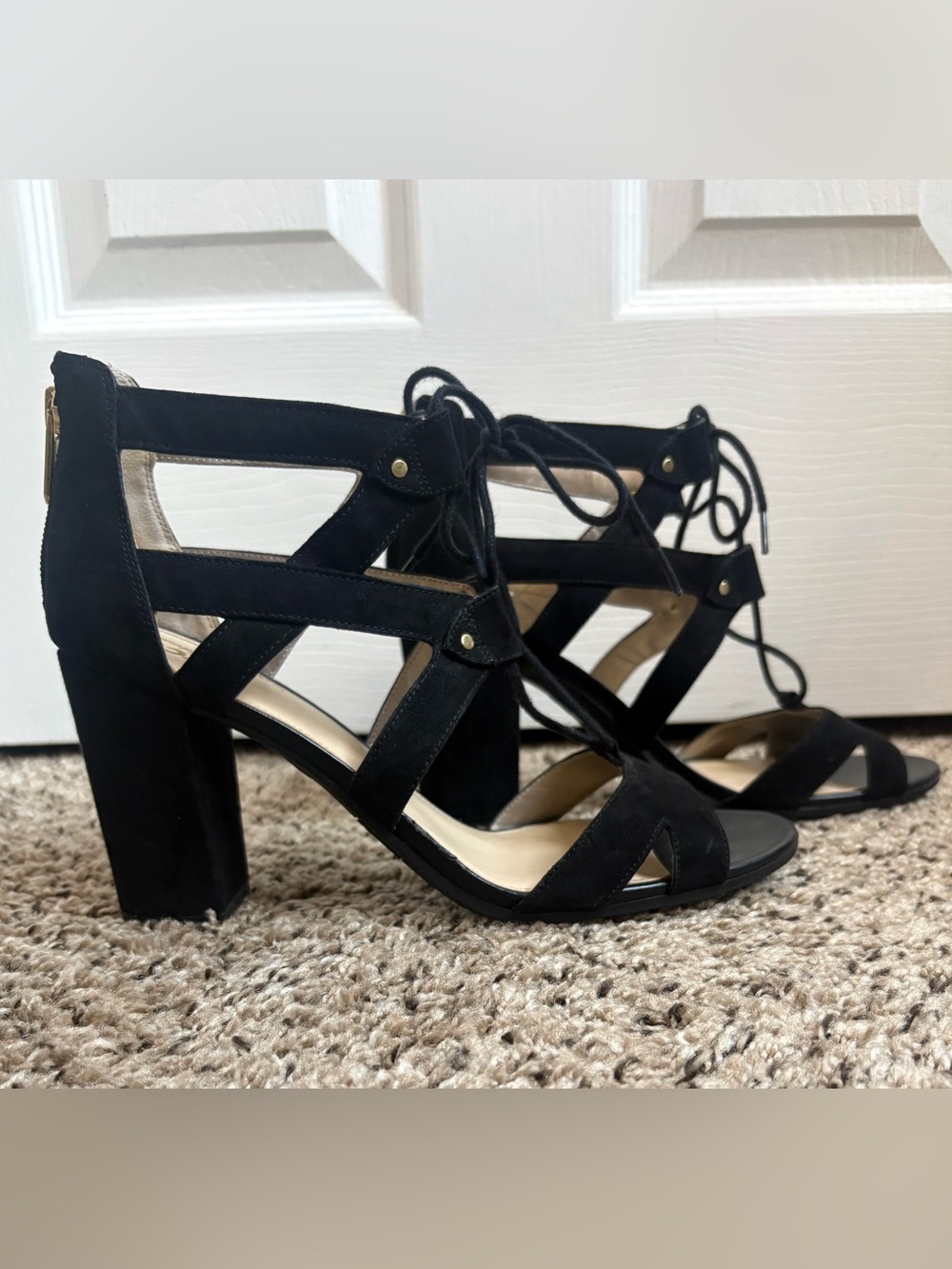 Circus by Sam Edelman Black Lace-Up Suede Block Heel Shoes, Size 9.5